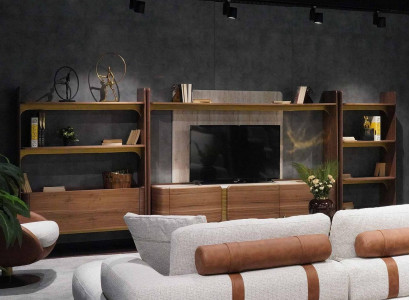 Luxury wall unit design living room set furniture brown wood bookshelf shelves